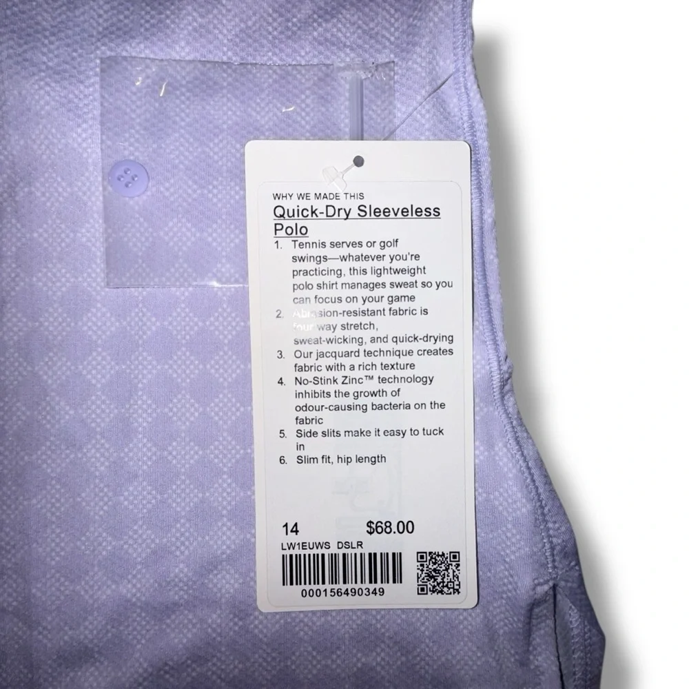 NWT LULULEMON Quick-Dry Sleeveless Polo Shirt Diamond Spot Lavender Size 14